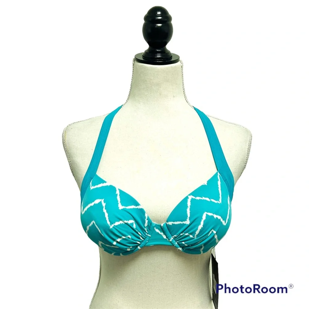 Skye Turquoise Green White Chevron Push Up Halter Underwire Bikini Top NWT Small